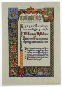 853593 Afbeelding van de, aan de Nederlandse jeugd uitgereikte, Oorkonde bij het 40-jarig regeringsjubileum van ...